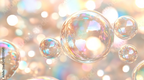 2410 107.A group of shiny, transparent bubbles with a soft rainbow reflection floating gently in the air. The bubbles appear light and delicate, with their smooth, glossy surfaces catching the light