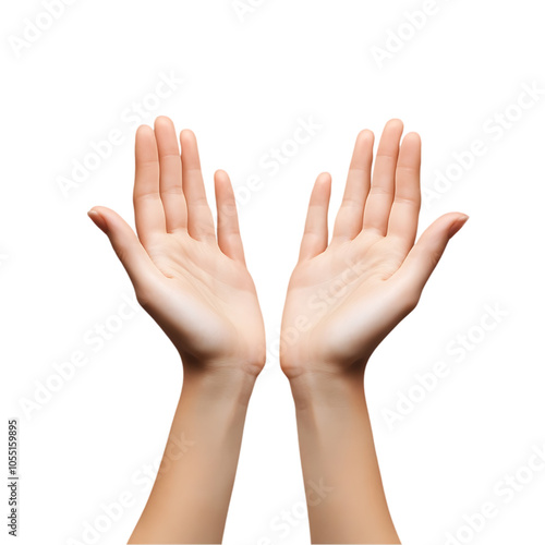 Two open hands raised in a gesture of supplication or prayer. photo