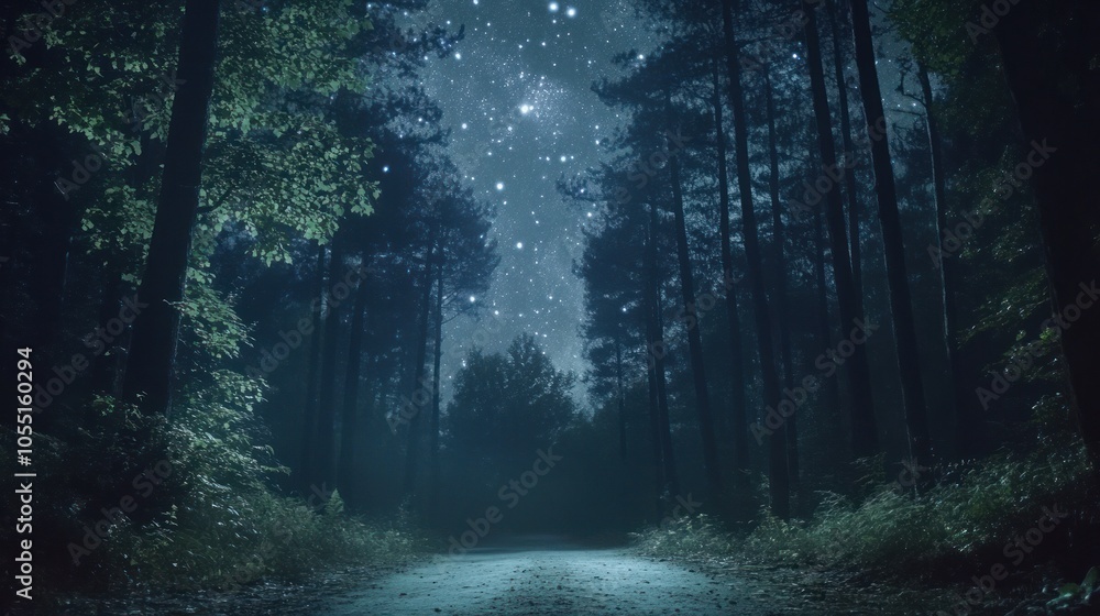 Obraz premium A dirt road winds through a dense forest under a canopy of stars.
