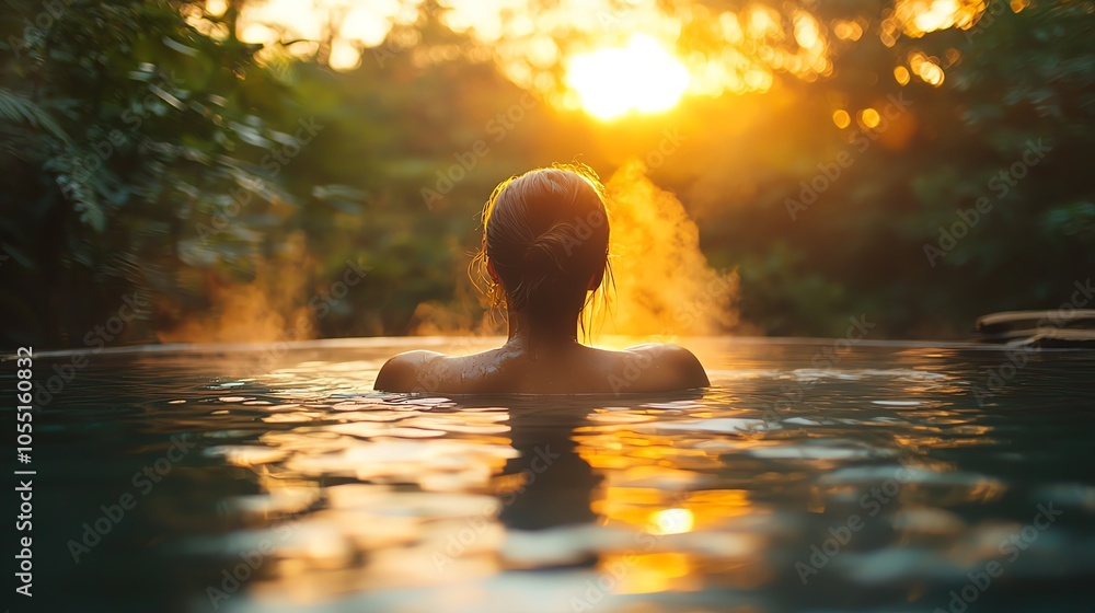 Woman soaking in a hot spring at sunset, steam rising, serene forest surroundings, warm and healing, wide shot Woman soaking in a hot spring at sunset, steam rising, serene forest surroundings, warm and healing, wide shot