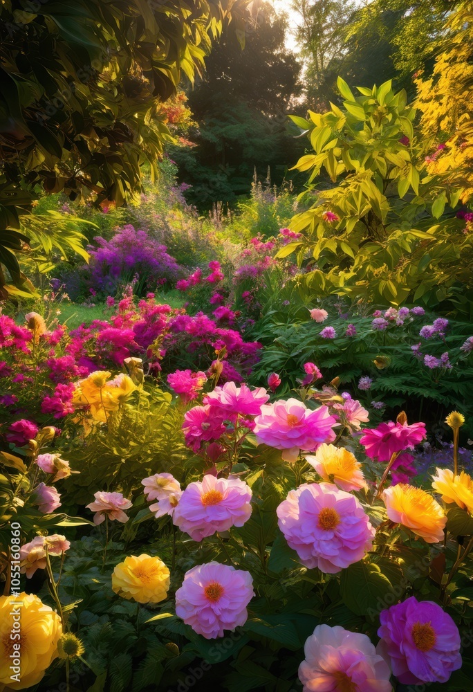 Fototapeta premium colorful display seasonal flowers lush green garden paradise filled rich textures vibrant shades nature, arrangement, botanical, blossom, decorative, flora