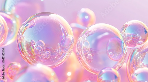 2410 110.A 3D-rendered image of transparent bubbles in various sizes floating in the air. The bubbles reflect light in soft, rainbow colors, with smooth, curved surfaces that create a playful and