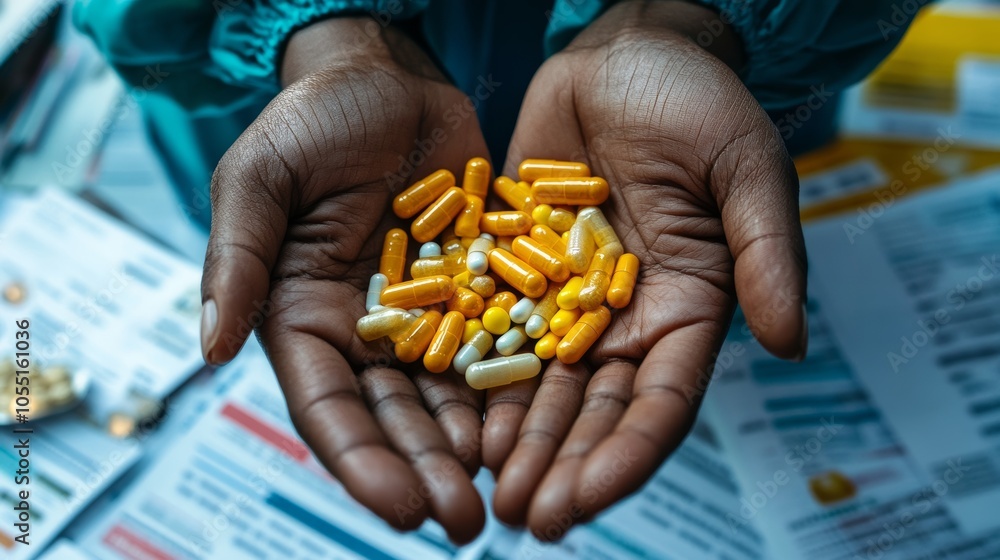 Obraz premium Hands holding a variety of prescription pills, surrounded by medical charts and healthcare documents, representing complex medication management in patient care
