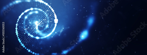 Abstract digital DNA helix with glowing nodes and geometric shapes on a dark blue backdrop, symbolizing biotechnology and genetic research.