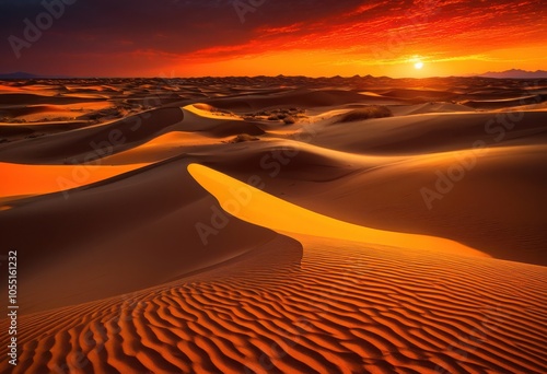 expansive desert landscape showcasing vibrant sunset colors yellow hues backdrop distant sand dunes, horizon, sky, clouds, scene, nature, expanse, heat photo