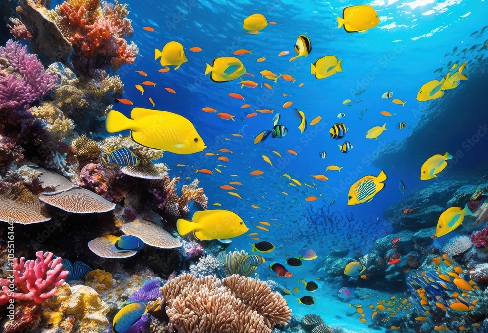 Naklejka premium colorful marine life thriving pristine waters showcasing stunning coral diverse species, aqua, aquatic, biodiversity, ecosystem, fish, flora, fauna