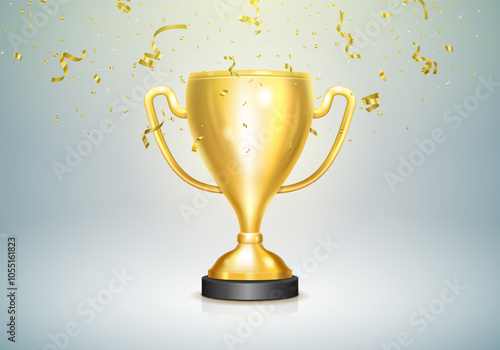 Winner gold cup with confetti. Metallic trophy cup. Vector illustration.