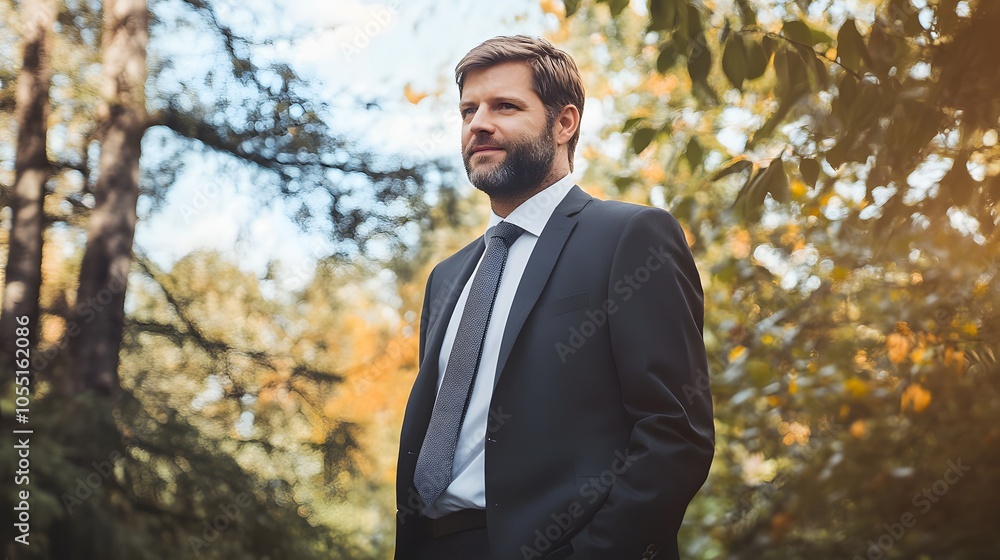 Confident Caucasian man in a suit enjoying a serene forest setting. Confident Caucasian man in a suit enjoying a serene forest setting.