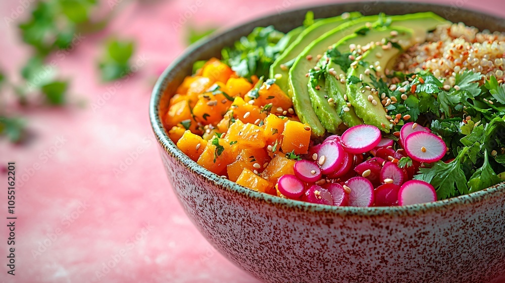Artful quinoa salad bowl highlighting vibrant vegetables in celebration of World Vegan Month. Perfect for healthy dining events and plant-based promotions. Artful quinoa salad bowl highlighting vibrant vegetables in celebration of World Vegan Month. Perfect for healthy dining events and plant-based promotions.