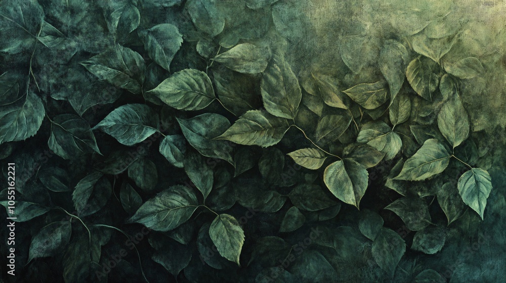 Obraz premium 2410 39.A natural arrangement of dark green leaves, densely packed and highlighted by soft, diffused light. The veins and textures of the leaves are clearly defined, giving the image a sense of depth
