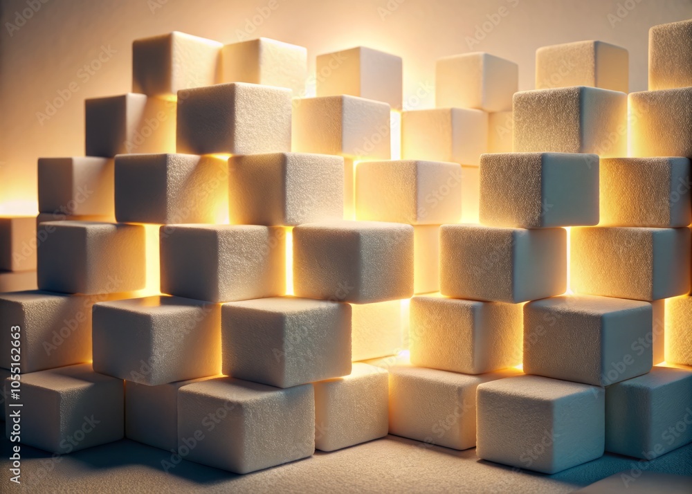 Classic photography of white foam cubes arranged geometrically, embracing minimalist aesthetics with soft lighting Classic photography of white foam cubes arranged geometrically, embracing minimalist aesthetics with soft lighting