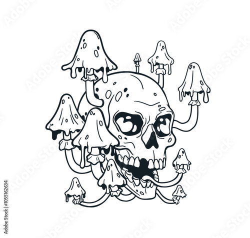 Skull with toxic mushrooms, creepy haunted head bone, spooky ink drawing. Hal...