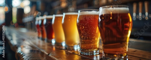 A row of assorted craft beers in glasses on a wooden bar surface. photo