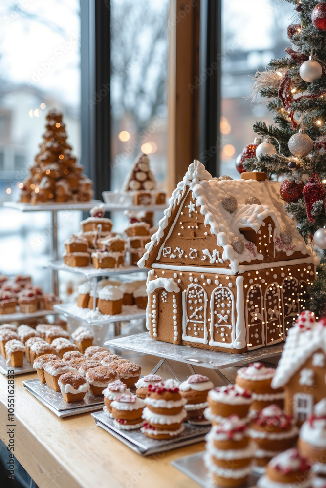 A table filled with various gingerbread houses and cupcakes, all decorated with white icing and red and white candy A table filled with various gingerbread houses and cupcakes, all decorated with white icing and red and white candy
