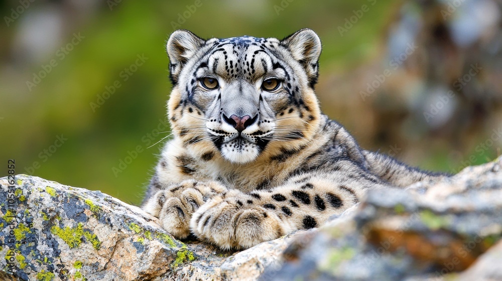 Fototapeta premium Majestic Snow Leopard Resting on Rocky Terrain
