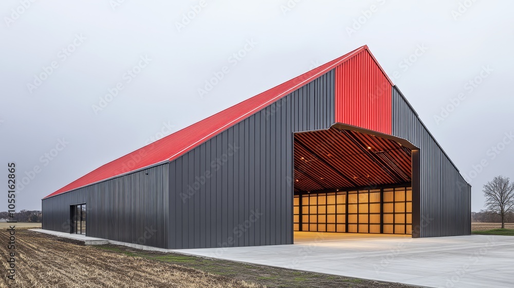 Modern Agricultural Barn: Sleek, contemporary barn design with a striking red and gray color scheme. Perfect for agricultural businesses, showcasing modern farming techniques and infrastructure. Modern Agricultural Barn: Sleek, contemporary barn design with a striking red and gray color scheme. Perfect for agricultural businesses, showcasing modern farming techniques and infrastructure.