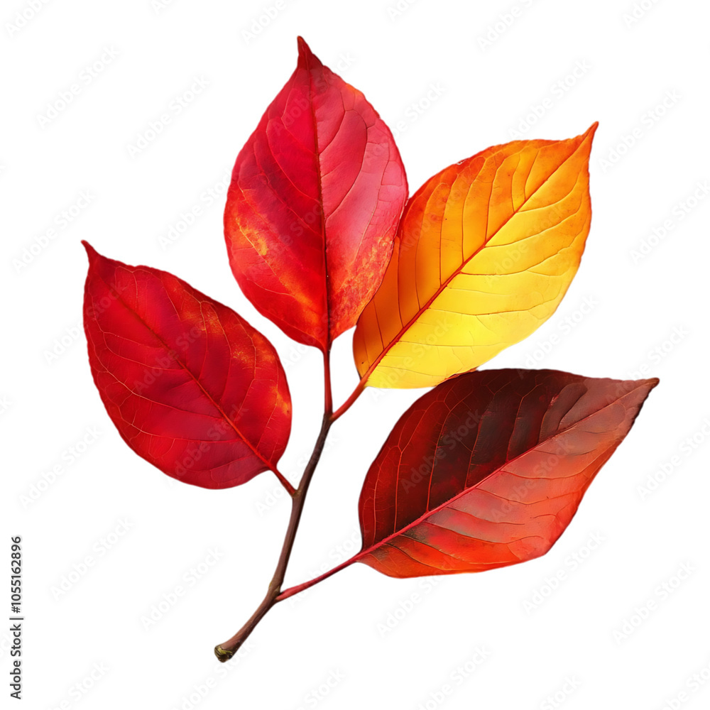 Obraz premium Four autumn leaves in red, orange, and yellow hues on a twig against a black background.