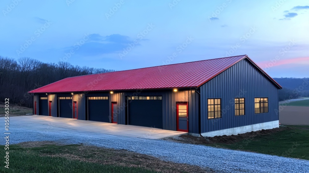 Modern Farmhouse Garage: A stunning, expansive three-car garage with a vibrant red roof and sleek dark gray siding, set against a picturesque landscape at twilight. Modern Farmhouse Garage: A stunning, expansive three-car garage with a vibrant red roof and sleek dark gray siding, set against a picturesque landscape at twilight.