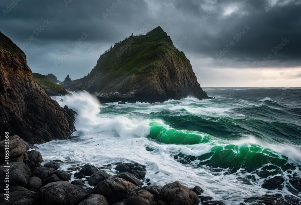 Obraz premium majestic waves breaking secluded coastal rocks under cloudy sky, ocean, sea, water, shore, clouds, tide, landscape, foam, horizon, blue, scenery, summer