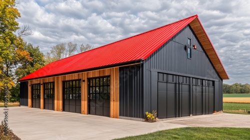 Modern Black Barn with Red Roof: Striking modern barn with a sleek black exterior and a bold red roof, showcasing the architectural beauty and functionality of a contemporary barn design.