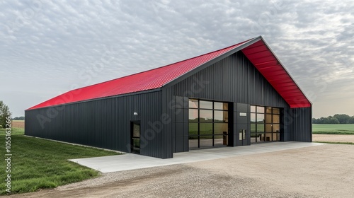 Modern Black and Red Metal Building with Large Garage Doors 