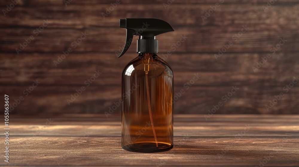 Showcasing a classic glass spray bottle with a black trigger on a wooden surface Showcasing a classic glass spray bottle with a black trigger on a wooden surface