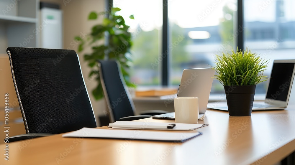 Modern Office Workspace with Green Plant and Laptop Modern Office Workspace with Green Plant and Laptop