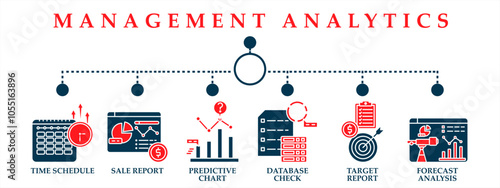 Management analytics web banner icons collection. Containing icon of time schedule, sale report, predictive chart, database check, target report and forecast analysis. Red and dark blue concept. 