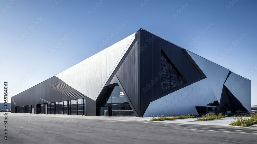 Modern Architectural Masterpiece: Geometric Facades and Bold Design. A striking contemporary building showcases innovative architecture with its sharp angles, contrasting textures. Modern Architectural Masterpiece: Geometric Facades and Bold Design. A striking contemporary building showcases innovative architecture with its sharp angles, contrasting textures.