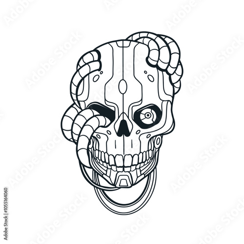 Robot skull with wires and cables. Vintage sci-fi style cyborg skeleton, head bone. Ink drawing, retro tatoo design. Hand-drawn engraved etched vector illustration isolated on white background