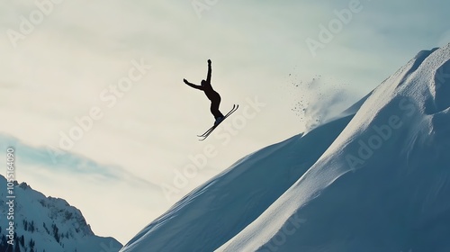 Silhouetted skier performs a jump on a snowy mountain at sunset. photo