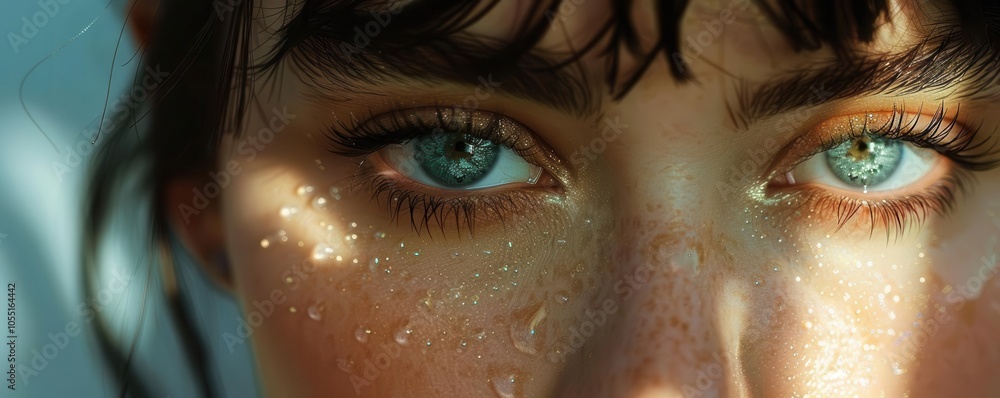 Close-up of captivating blue eyes with water droplets and sun-kissed skin. Close-up of captivating blue eyes with water droplets and sun-kissed skin.