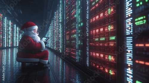 A whimsical scene of Santa Claus using a tablet in a futuristic data center, blending holiday spirit with technology.