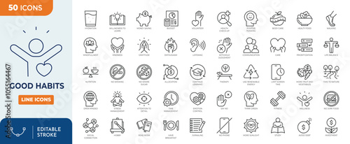 Good Habits line editable icon set. Linear icon collection. Editable stroke. Vector illustration