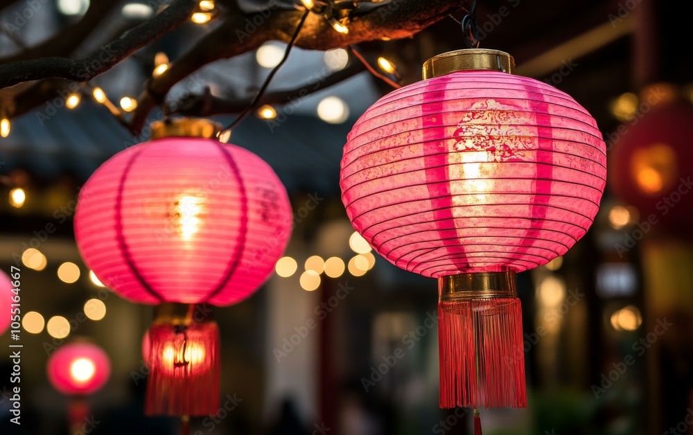 Two pink paper lanterns hanging from tree branches in a garden setting during daylight. Two pink paper lanterns hanging from tree branches in a garden setting during daylight.