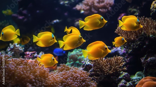 Yellow Tangs Swimming in a Vibrant Coral Reef