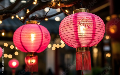 Two pink paper lanterns hanging from tree branches in a garden setting during daylight. photo