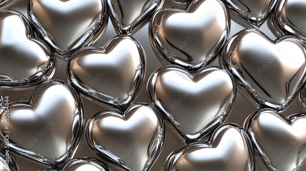 2410 75.A seamless pattern of silver hearts with a polished, metallic finish. The reflective surface of the hearts creates light and shadow, giving the pattern a dynamic, three-dimensional feel. The 2410 75.A seamless pattern of silver hearts with a polished, metallic finish. The reflective surface of the hearts creates light and shadow, giving the pattern a dynamic, three-dimensional feel. The