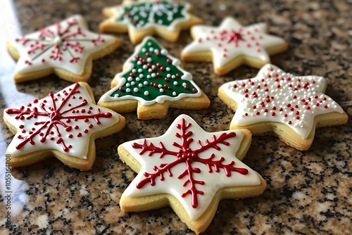 A collection of decorated cookies arranged on a marble surface, featuring designs such as snowflakes, stars, and a Christmas tree