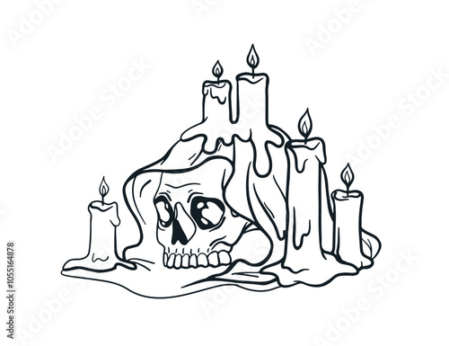 Skull with candles, outline ink mystic drawing. Vintage skeleton head bone. H...