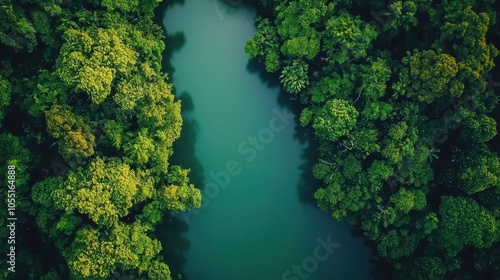 Amazon rainforest aerial view background. River cutting through dense, lush tropical forest. Calm water reflects greenery of surrounding trees and creating serene and peaceful atmosphere