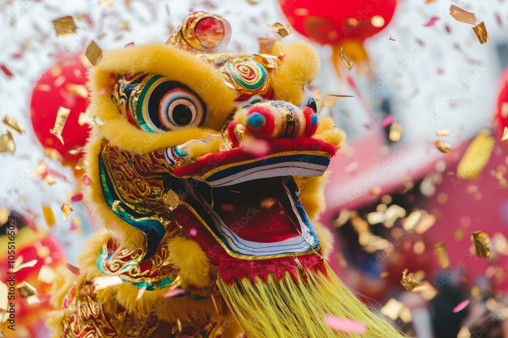 A vibrant yellow lion with a distinctive red nose and matching yellow mane in a playful pose. A vibrant yellow lion with a distinctive red nose and matching yellow mane in a playful pose.