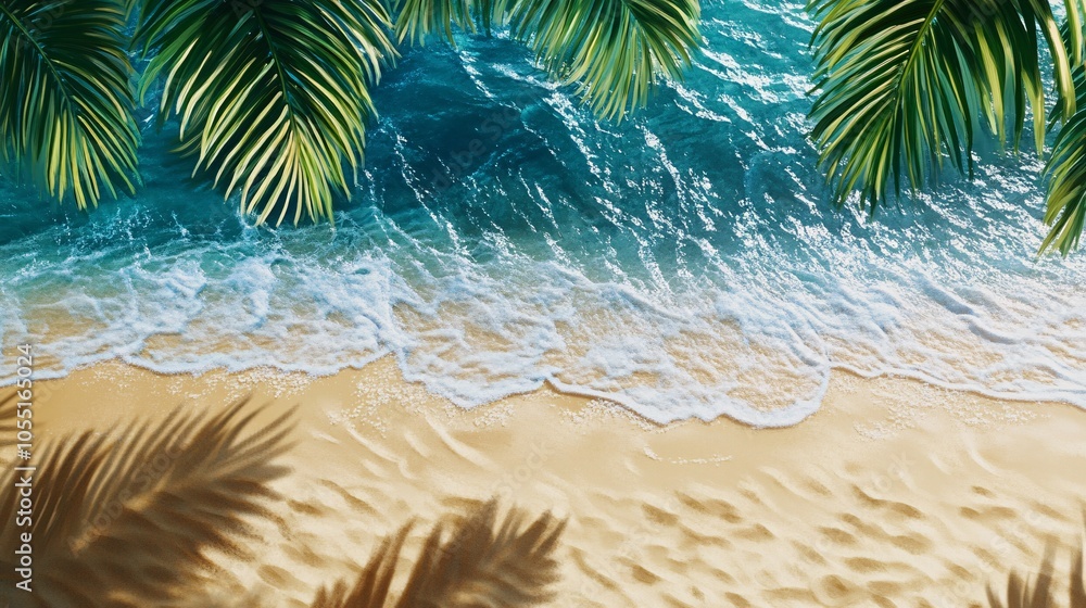 2410 91.A serene summer beach scene with soft golden sand stretching out towards the gentle waves of the sea. The bright blue water meets the horizon, while green palm leaves hang down from the top 2410 91.A serene summer beach scene with soft golden sand stretching out towards the gentle waves of the sea. The bright blue water meets the horizon, while green palm leaves hang down from the top