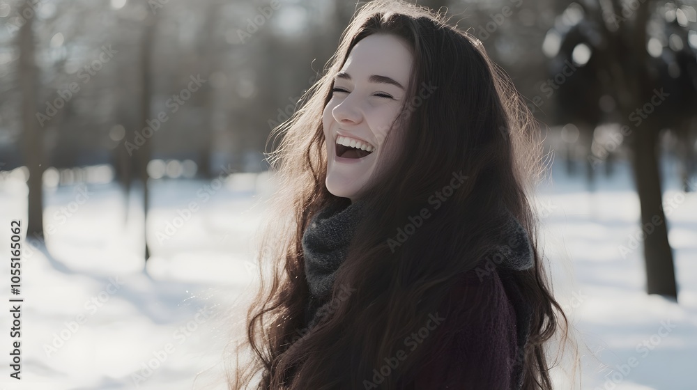 Young woman joyfully smiling in a snowy winter landscape. Young woman joyfully smiling in a snowy winter landscape.