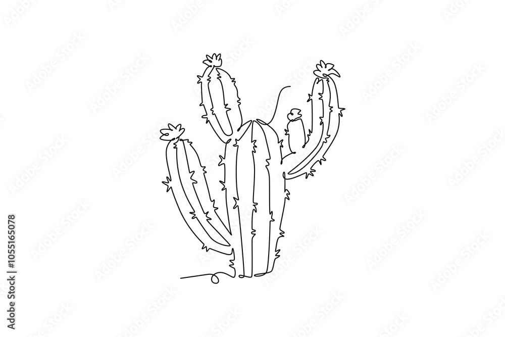 Single one line drawing of tropical thorny cactus plant. Printable decorative cacti houseplant concept for home decor wallpaper ornament. Modern continuous line draw design graphic vector illustration Single one line drawing of tropical thorny cactus plant. Printable decorative cacti houseplant concept for home decor wallpaper ornament. Modern continuous line draw design graphic vector illustration