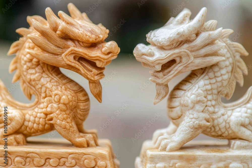 Fototapeta premium Two intricately carved wooden dragon figurines displayed on a polished wooden table.