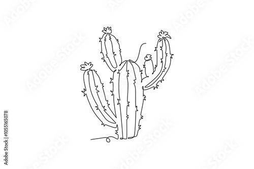 Single one line drawing of tropical thorny cactus plant. Printable decorative cacti houseplant concept for home decor wallpaper ornament. Modern continuous line draw design graphic vector illustration