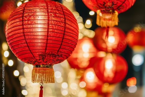 Vibrant red lanterns hanging from a ceiling in a traditional Asian setting, creating a warm, festive ambiance.