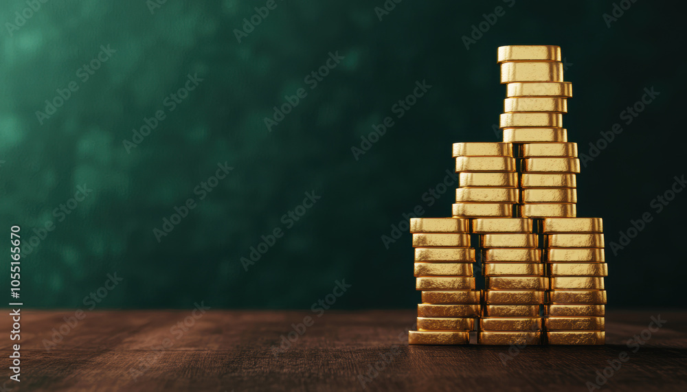 A stack of shiny gold bars arranged in a pyramid formation on a wooden surface, against a textured green background. A stack of shiny gold bars arranged in a pyramid formation on a wooden surface, against a textured green background.