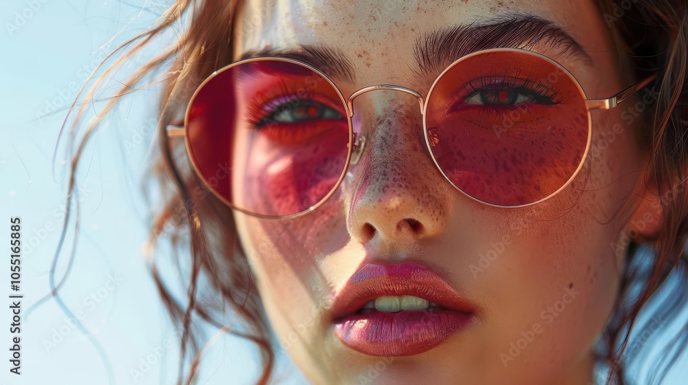 Close-up portrait of a young woman with stylish sunglasses and radiant skin. Close-up portrait of a young woman with stylish sunglasses and radiant skin.